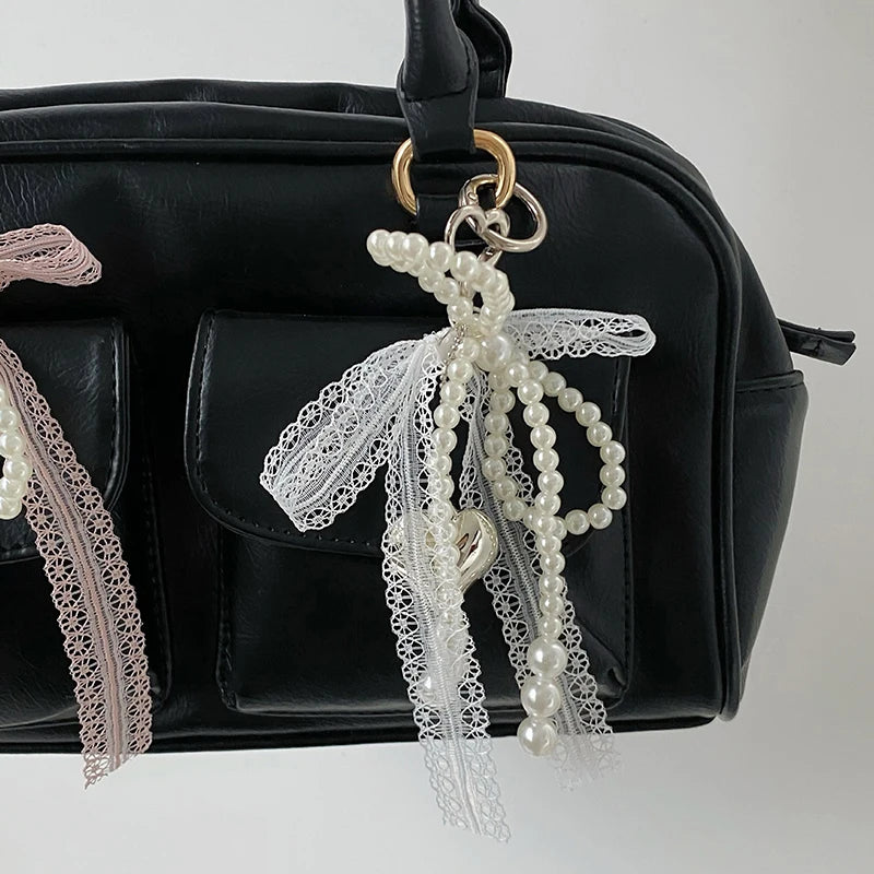 2025 New Sweet Pearl Bow Keychain Heart Lace Pendant Car Keychain Korean Y2K Beauty Girl Bag Pendant Accessory Gift
