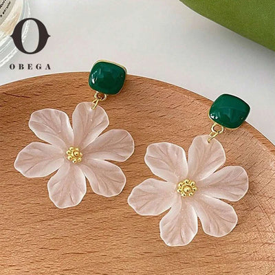 Obega White Flower Drop Earrings for Women with Green Epoxy - Smarsty