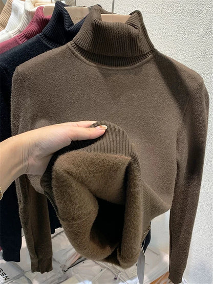 Turtleneck Winter Sweater Women Elegant Thicken Velvet Lined Warm Sueter Knitted Pullover Slim Tops Jersey Knitwear Jumper New - Smarsty