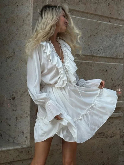Talenza White Ruffle Bandage Mini Dress Women's Elegant Patchwork Long Sleeve Dress New Slim V Neck Lace Up Summer Mini Dress - Smarsty