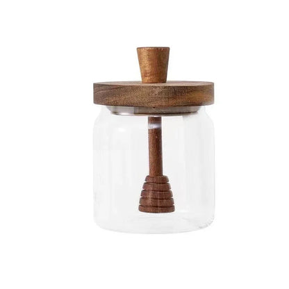 Honey Jar High Borosilicate Glass Sealed Tank Mixing Rod with Wooden Cover Transparent Honey Bottle Kitchen Storage Containers