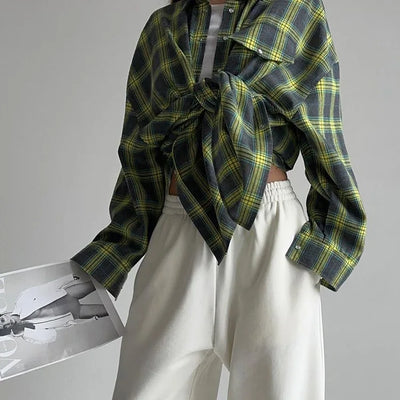 Oversized Plaid Shirt Autumn Winter Women Vintage Long Sleeve Fashion Loose Lapel Pocket Shirt Fit Blouse Korean Style - Smarsty