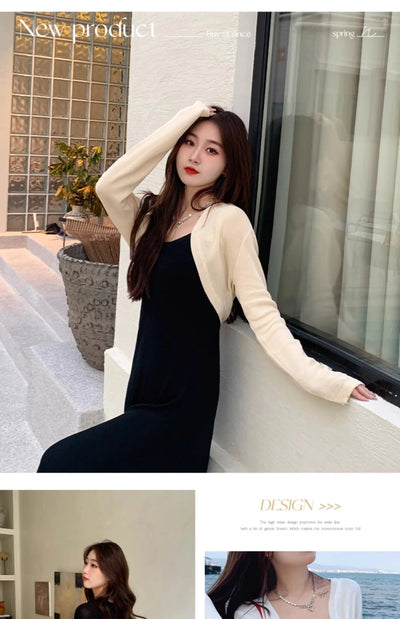 Short Ice Silk Knitted Sun Protection Cardigan Women's Thin Summer Suspender Skirt Layered Gauze Jacket Air-conditioned Cover Up - Smarsty