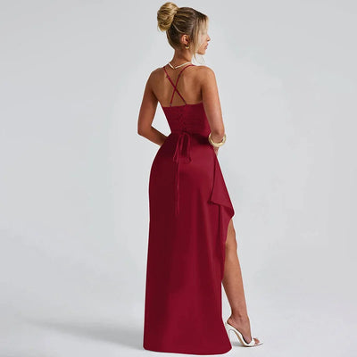 Ladies Summer Satin Fashion Evening Party Dress Women Sleeveless Backless Side Slit Long Dress Birthday Clubwear Woman Clothes - Smarsty