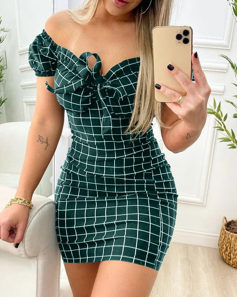 Summer dress sexy package buttocks short skirt of cross border grid print dress - Smarsty
