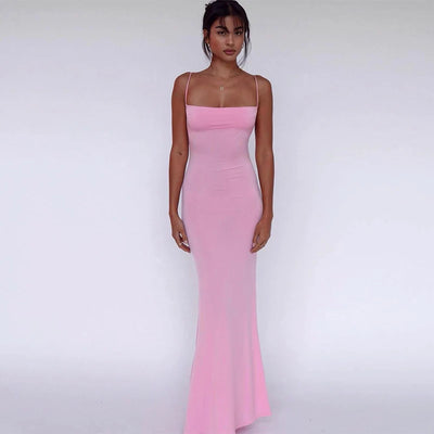 Hugcitar 2025 Spring Solid Sleeveless Backless Elegant Sexy Bodycon Y2K Maxi Prom Dress Women Clothes Birthday Party Casual Y2K - Smarsty