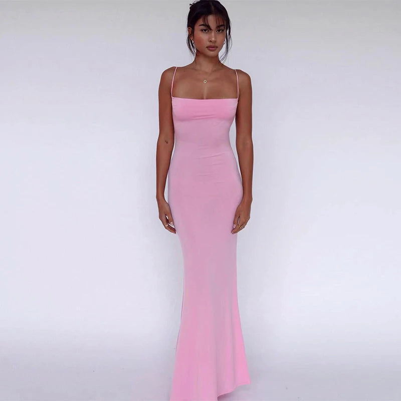 Hugcitar 2025 Spring Solid Sleeveless Backless Elegant Sexy Bodycon Y2K Maxi Prom Dress Women Clothes Birthday Party Casual Y2K