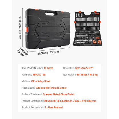 SucceBuy Socket Set 86 Pieces 3/8 1/4 1/2in Drive Socket and Ratchet Set SAE Metric Mechanic Tool Kit with Ratchet Wrench