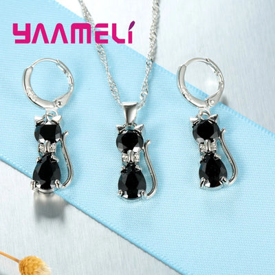 Real 925 Sterling Silver Cat Pendant Jewelry Set - Smarsty