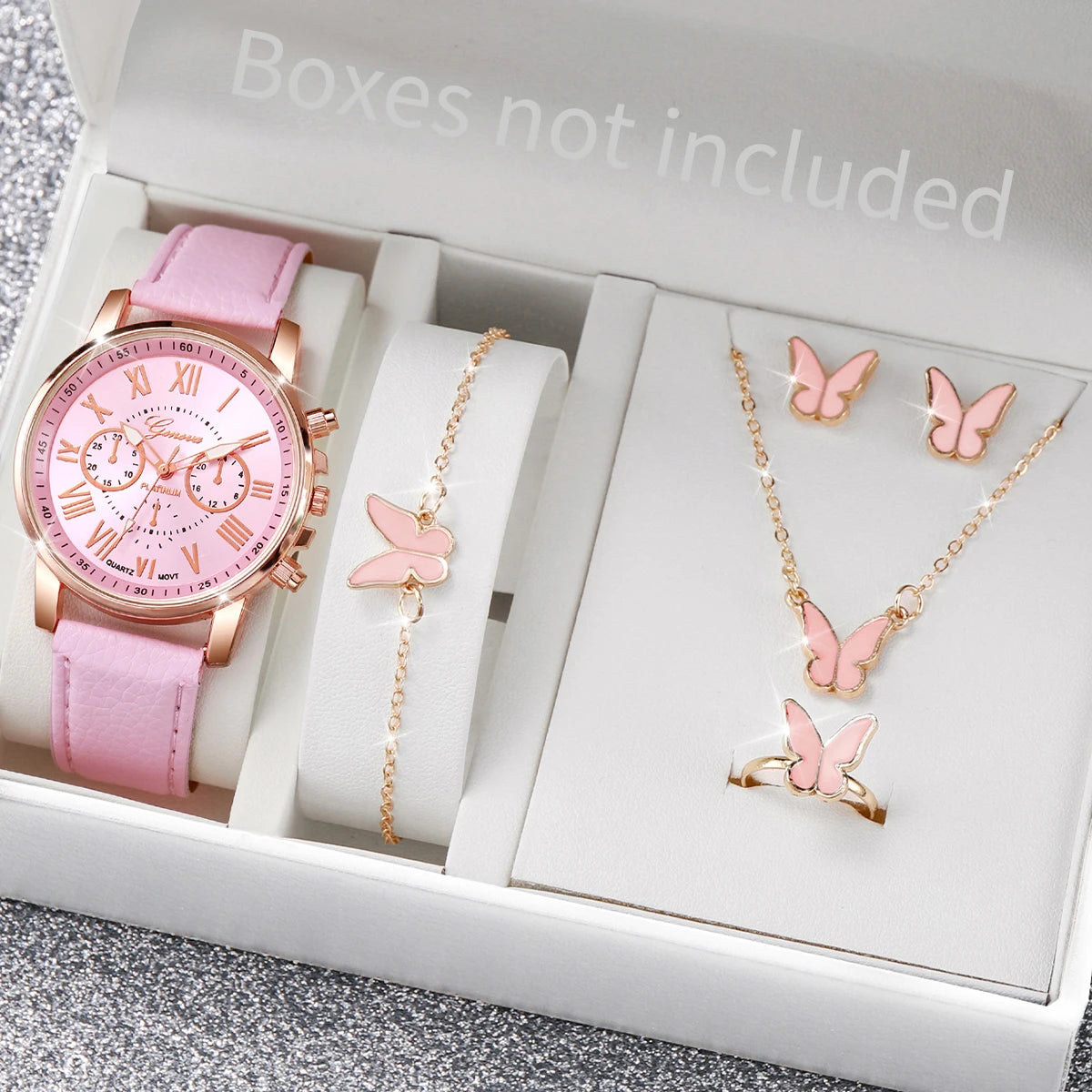 5/6PCS Fashion Women's Quartz Watch Leather Band Analog Wrist Watches Heart Rhinestone Jewelry Set(Without Box) - Smarsty