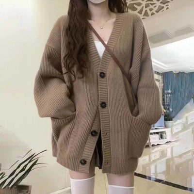 Autumn Winter Women Cardigan Sweater Coats Fashion Female Long Sleeve V-neck Loose Knitted Jackets Casual Sweater Cardigans - Smarsty