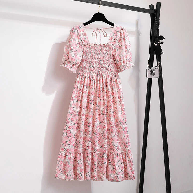 Summer Pleated Women Chiffon Dresses Casual Beach Holiday Short Sleeve Square Collar Woman Midi Dress Bohemian Mujer Vestidos - Smarsty