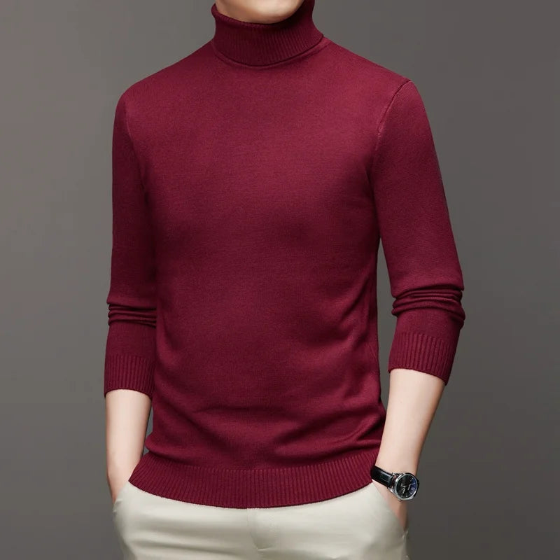 Autumn Mens High Quality Knitted Turtleneck Sweater Slim Fit Long Sleeve Anti-pilling Pullover Solid Color Trend Men Streetwea - Smarsty