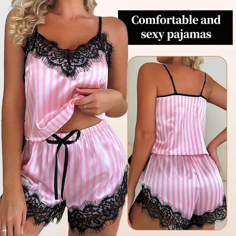 Two Piece Women's V-Neck Sexy Lace Suspender Pajama Shorts Set Casual Women's Sleeveless Sexy Pajama Set - Smarsty