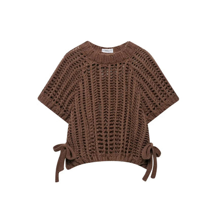 Hollow Out Knit Pullover Women Casual Round Neck Lace Up Bow Sweater Female Autumn Short Sleeves Solid Knitwears Lady - Smarsty