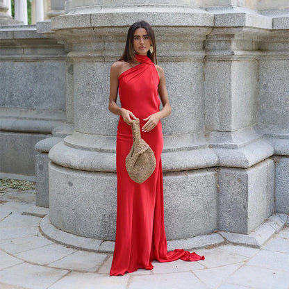 Elegant Women's Ribbon Long Satin Party Dress Halter Backless Sleeveless Female Dresses 2025 Summer Lady Solid Evening Gowns