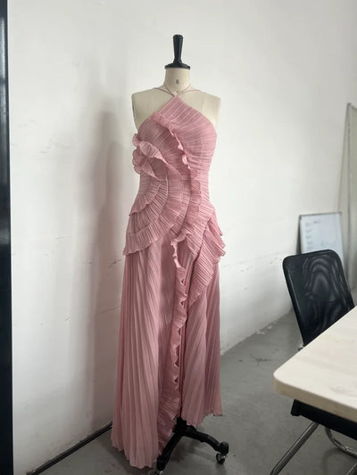 Chic pleated halter neck long vacation dress high quality purple strapless Lotus Edge Maxi Dress 2025 New Lady Vacation Gowns - Smarsty
