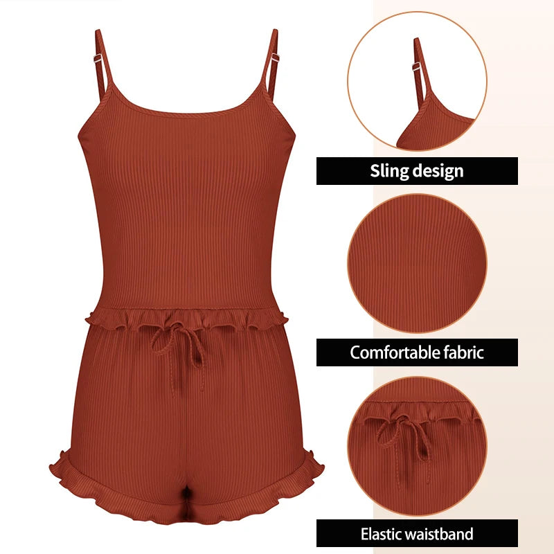 Summer Two-Piece Solid Color Sleepwear Round Neck Sexy Suspender Ribbed Knitted Pleated Vest Shorts Casual Women's Sleepwear Set - Smarsty