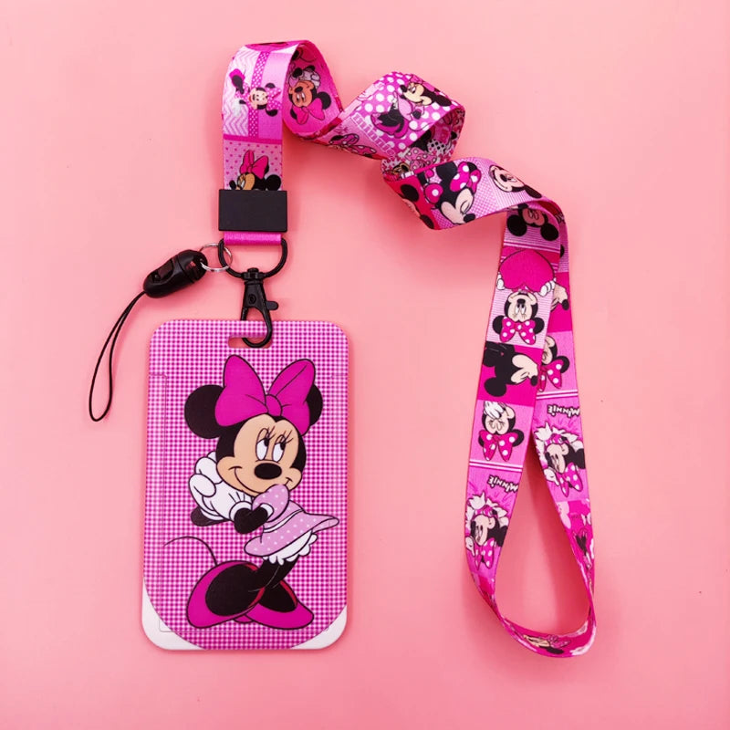 Disney Pink Lanyard ID Badge Holder Mickey Credit Card Case Neck Strap Minnie Card Holders Girl Credentials Accessories Keychain
