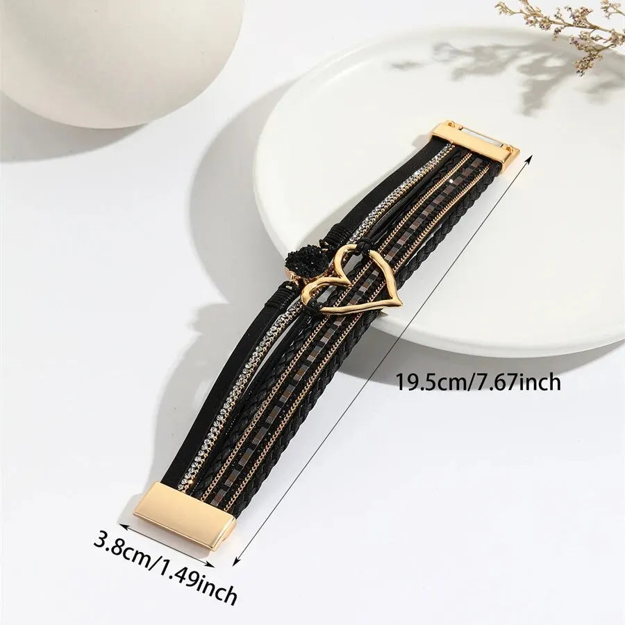 Women Leather Heart Charm Bracelet Rhinestone Wrap - Smarsty