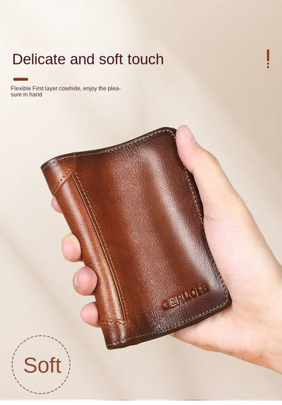 Men Wallet Genuine Leather Rfid Blocking Trifold Wallet Vintage Thin Short Multi Function ID Credit Card Holder Male Purse Money - Smarsty