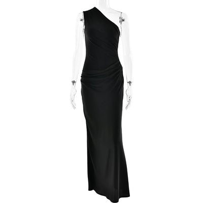 JULISSA MO Patchwork Satin Sexy One Shoulder Women Maxi Dress Brown Sleeveless Evening Dress Summer Slim Elegant Party Clubwear - Smarsty