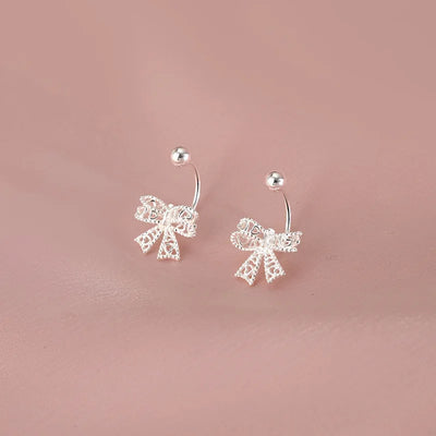 925 Sterling Silver Lace Heart Bow Stud Earrings Minimalist - Smarsty