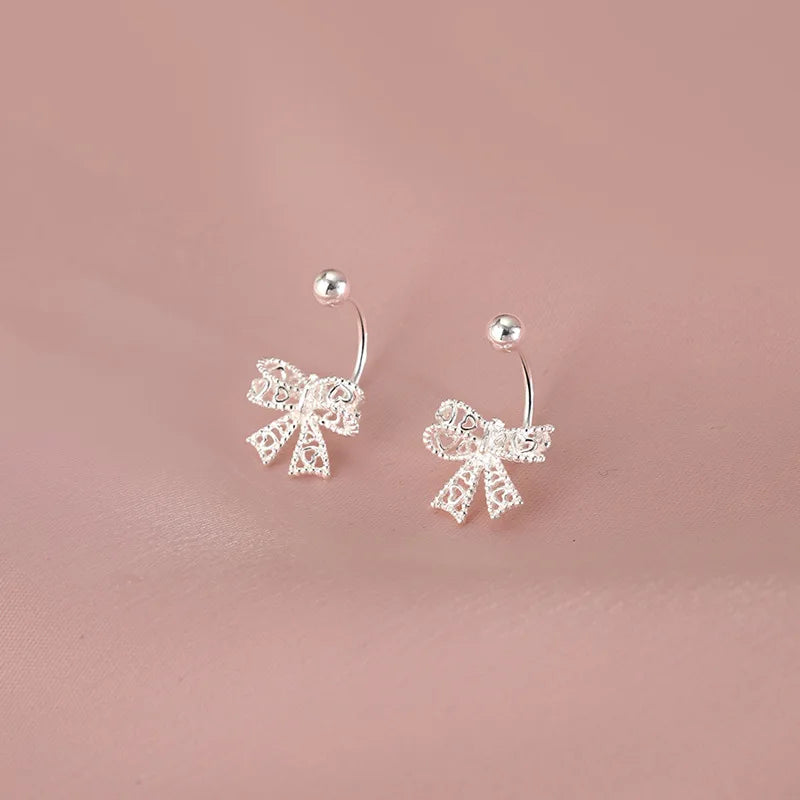 925 Sterling Silver Lace Heart Bow Stud Earrings Minimalist - Smarsty