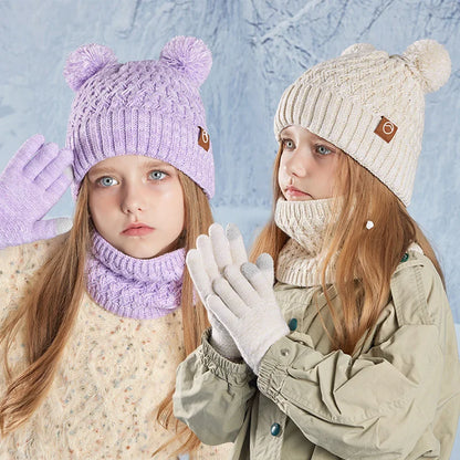 Winter Kids Hat Set Warm Beanie Scarf Gloves Pompom Fleece - Smarsty