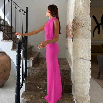 Hugcitar Fashion Solid O Neck Sleeveless Patchwork Sexy Bodycon Maxi Prom Dress Summer Women Clothes Party Festival Club Y2K - Smarsty