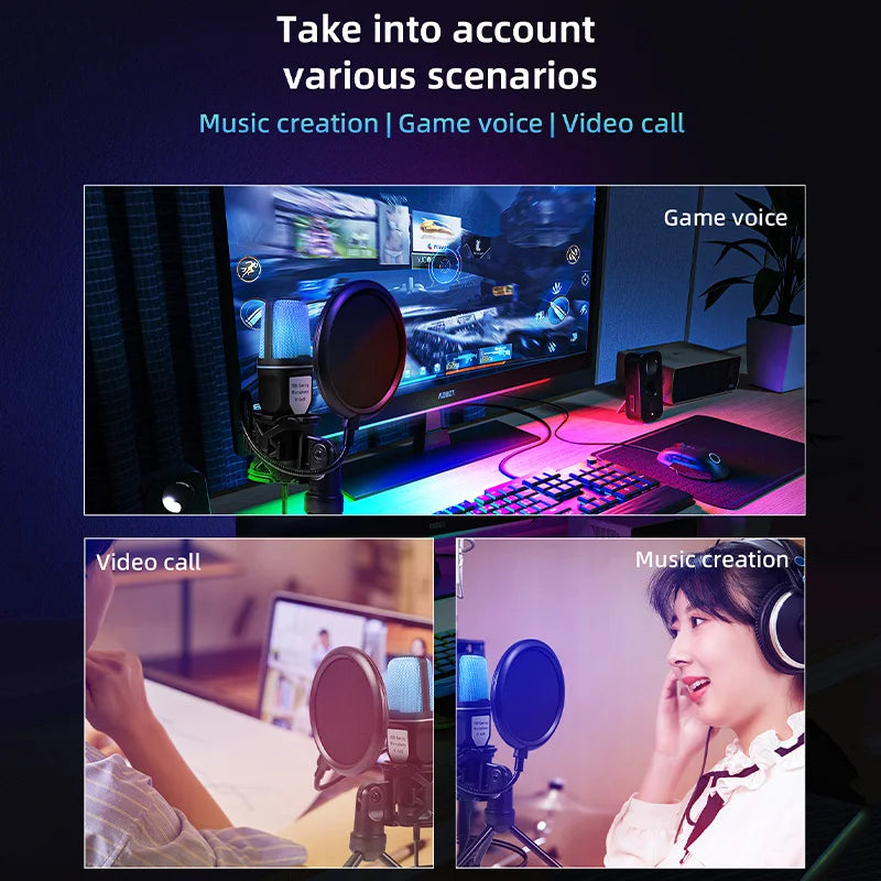 USB Microphone with RGB Lighting for Gaming and Podcasting - Smarsty