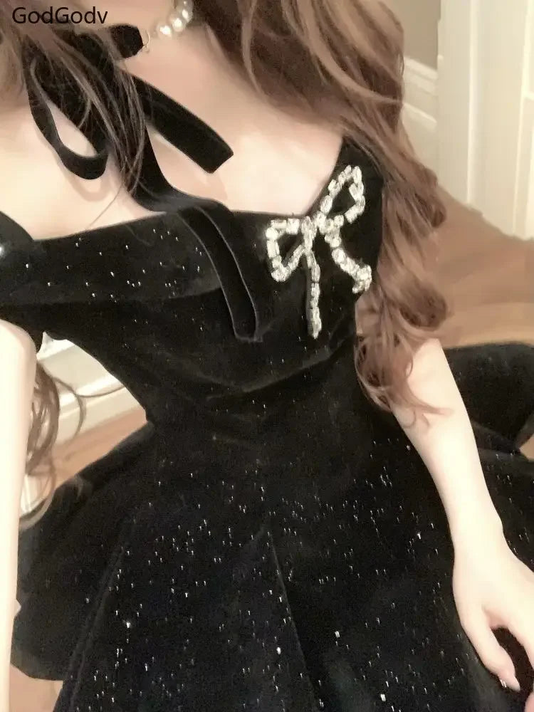 Black French Vintage Elegant Design Woman Dress Gothic Off Shoulder Retro Mini Dress Female Fairy Birthday Party Chic Outfits - Smarsty
