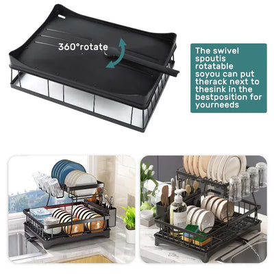 Large 2-tier dish drying rack for kitchen countertops, removable large-capacity dish draining rack