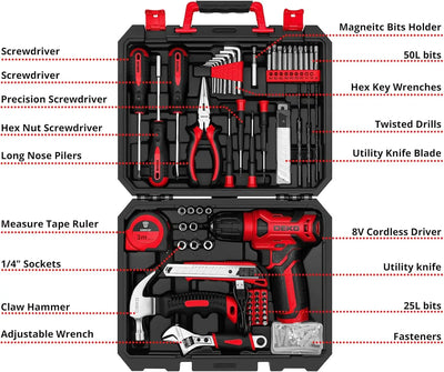 DEKO Drill Set Tool Set with 8V Red Cordless Drill, Home Tool Kit with Drill, Hand Tool Kits for Women 126 Piece