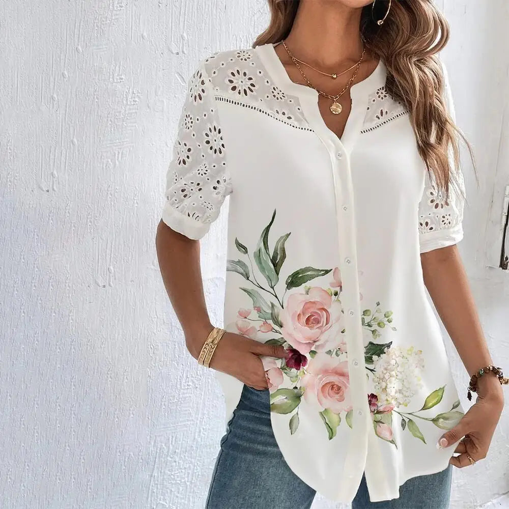 Temperament Casual Lace Woman Shirt Fashion Loose Shirt Woman Elegant Short Sleeve Blouse Holiday Weekend - Smarsty