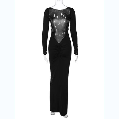 Hugcitar Spring Elegant Long Sleeve Backless Solid Cuched Sexy Bodycon Maxi Prom Dress Women Outfit Evening Party Festival Y2K - Smarsty