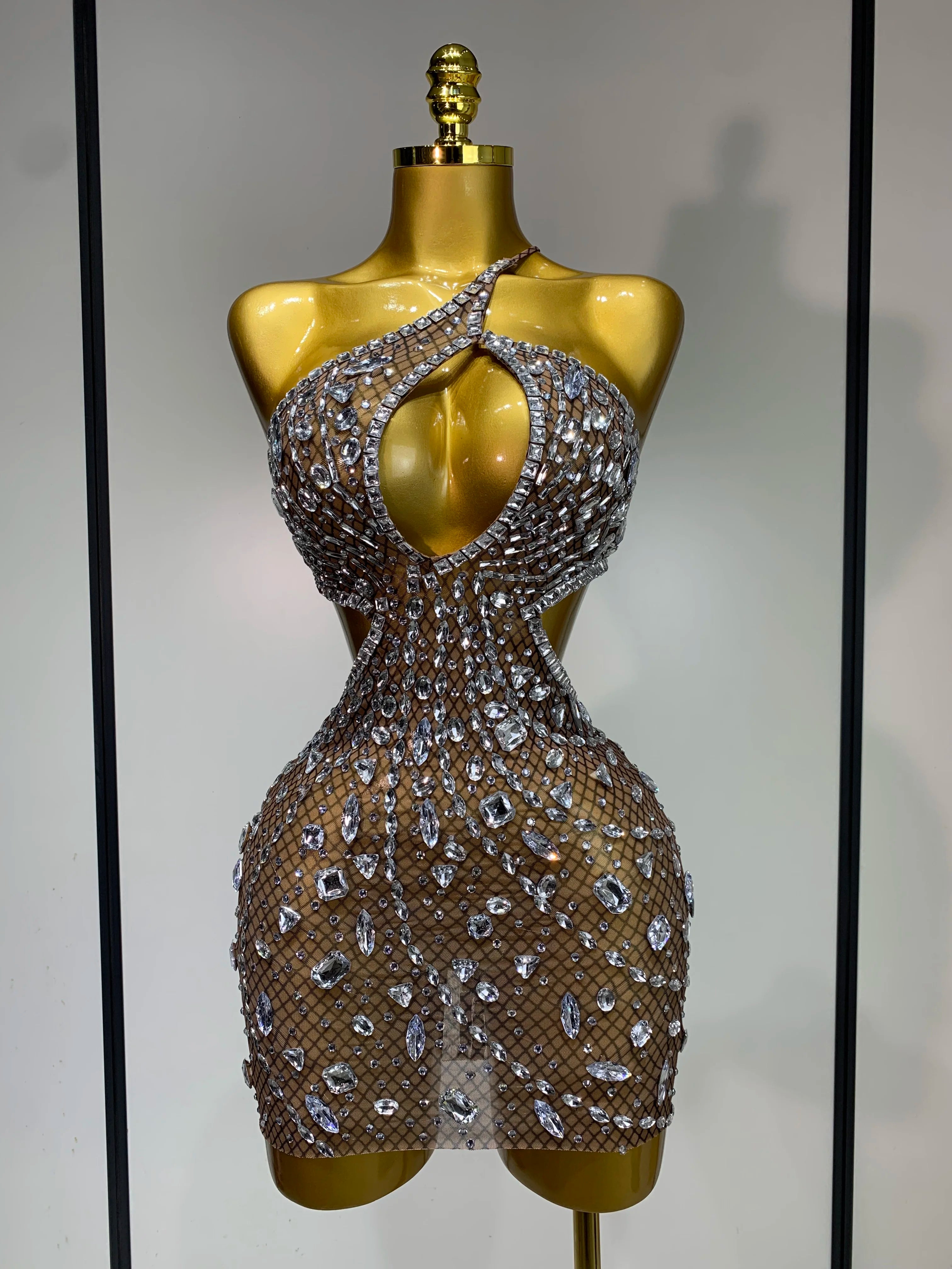 Sexy Sparkly Diamond Backless Short Dress 2025 Women Sleeveless Mesh See Through Evening Birthday Gown Singer Stage Outfit - Smarsty