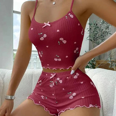 Sleepwear Women's Summer Pajama Set Heart Print Sexy Ribbed Bow Decor Round Neck Backless Crop Cami Top & Shorts Nightwear - Smarsty