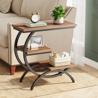 Tribesigns C-Shaped End Table, Industrial 3-Tier Small Table for Couch, Wood Bedside Table Snack Table with Storage Shelves