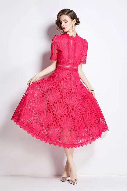H Han Queen Spring New Elegant Casual Work Party Dresses Floral Crochet Hollow Out Lace Patchwork Casual Office Midi Dress - Smarsty