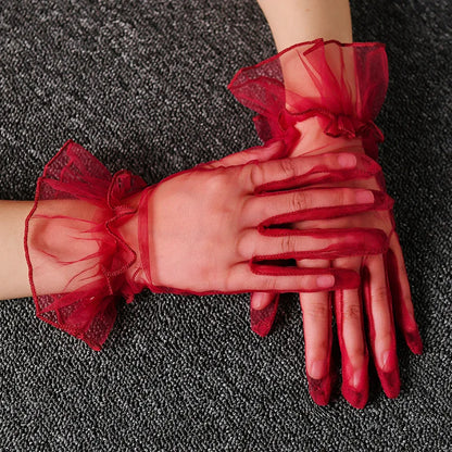 Women Lace Tulle Gloves Stretchy Full Finger Wedding Gloves - Smarsty