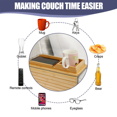 Couch Cup Holder Bamboo Wood Sofa Armrest Tray Foldable Sofa Cup Holder Anti-Slip Couch Arm Cup Holder Sofa Side Storage Tray by Smarsty