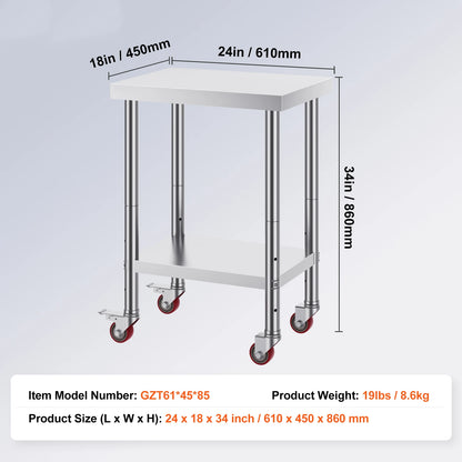 SucceBuy Stainless Steel Kitchen Worktable shelves Commercial Work Bench Table with Caster Wheels for Home Restaurant Storage