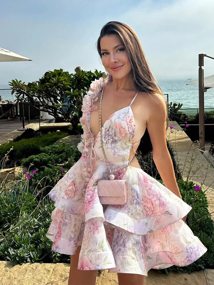 Backless Party Dress Women Elegant 3D Flower Print Sling Lace Up Ruffle A-line Mini Evening Dresses Female 2025 Summer Swimwears - Smarsty