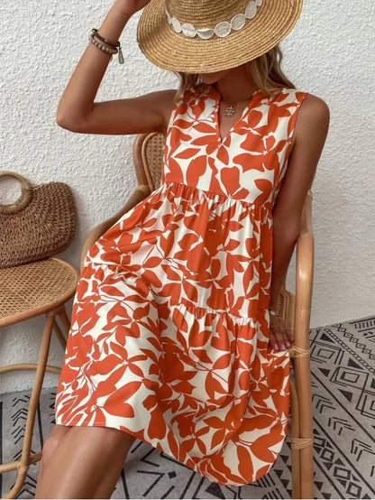 Women Boho Print Mini Dress Summer Elegant Sleeveless V Neck Ruffle A Line Tank Dress Casual Loose Oversize Beach Party Sundress - Smarsty