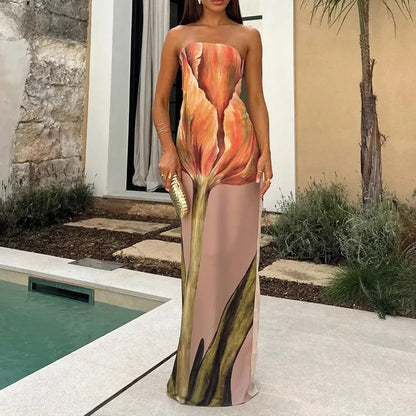 Sexy Strapless Backless Printed Long Dress Women Fashion Sleeveless Off Shoulder Vestidos 2024 Summer Lady Party Evening Robes - Smarsty