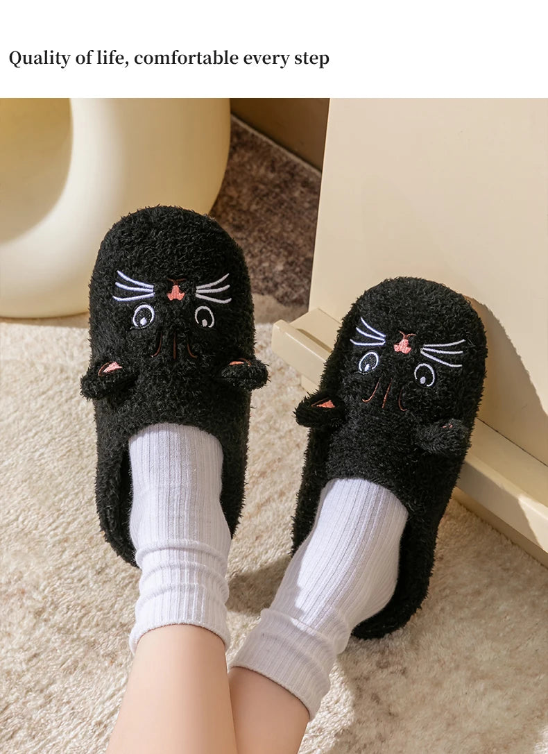 Women's Cartoon Cat Plush Slippers Cozy Winter Bedroom House Shoes with Non-Slip Soft Sole for Indoor Comfort Home Warm Shoes - Smarsty