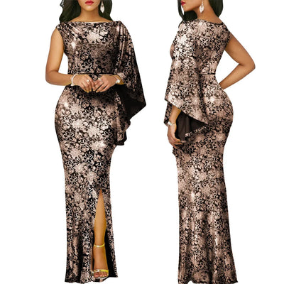 Women Dress Elegant Flower Party Dress Off the Shoulder Short Sleeve Slit Maxi Long Dresses for Woman - Smarsty