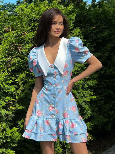 Tornova Print Puff Sleeves Ruffled Dress Women's V-Neck High Waist Pearl Buttons Mini Dress Female Casual Vacation Fashion Dress - Smarsty