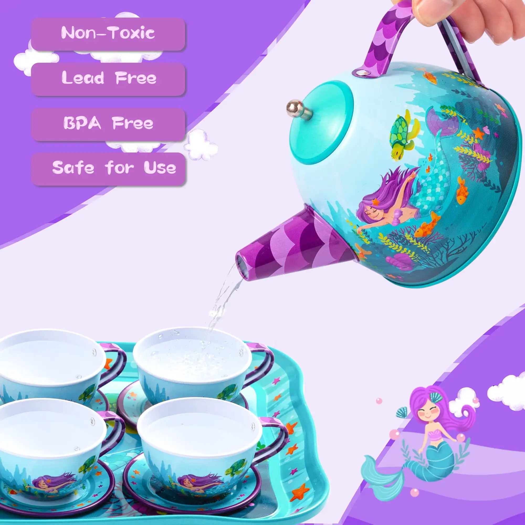Joyfy Kid Tea Set Mermaid Tea Party Set Princess Pretend Play Tin Teapot Set Kitchen Toy for Girls Toddlers 2 3 4 5 6 Years Old - Smarsty